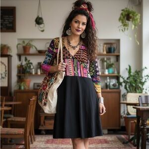 Desigual Eclectic Patchwork V-Neck Mixed Media Dress Boho Whimsical Artsy Hippie